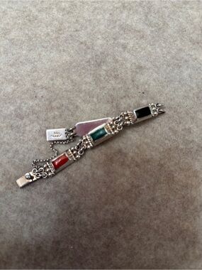 Vintage Mexico 925 Sterling Silver Multi Stone Link Native Style Bracelet